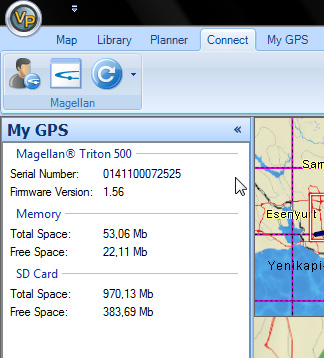 VantagePoint üzerinde Connect menüsüne geldiğimizde My GPS bölümünde bilgisayara bağlı olan GPS e ait seri numarası, firmware versiyonu, dahili ve SD bellek durumunu görebiliriz.