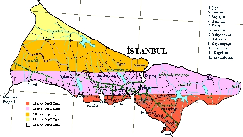 4.4 Depremsellik Şekil 4.51: İstanbul Deprem haritası Çalışma alanı 1. dereceden deprem bölgesi içerisinde yer almaktadır. Şekil 4.51 de İstanbul deprem bölgeleri haritasını göstermektedir.