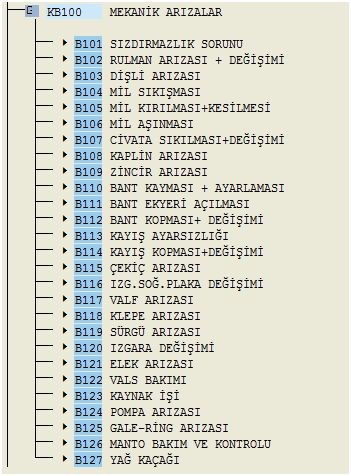 73 Şekil 3.11: Mekanik arıza listesi ekranı Verilen örnekten arızanın mekanik arıza olduğu ve mekanik arıza listesinden de Bant Kopması Değişimi isimli arıza olduğu seçilir ve sisteme kayıt edilir.