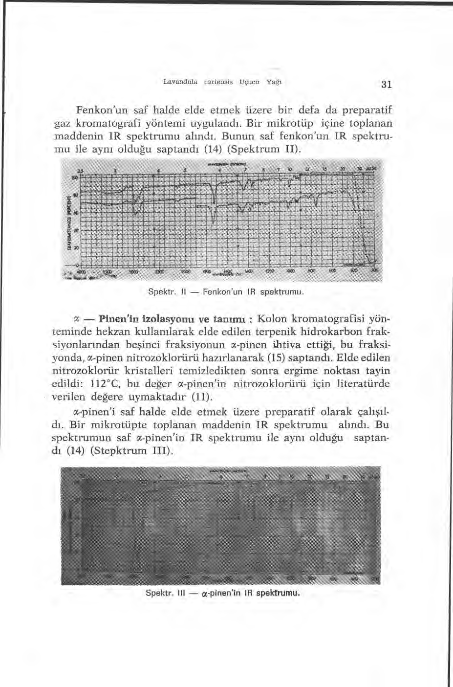 Lavandula cariensis Uçucu Ya ğı 31 Fenkon'un saf halde elde etmek üzere bir defa da preparatif gaz kromatografi yöntemi uyguland ı. Bir mikrotüp içine toplanan maddenin IR spektrumu al ındı.