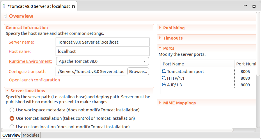 Dosyamızı kaydedelim ve kapatalım. Son olarak Apache Tomcat'in kontrolünü alalım. Bunun içinde Servers penceresinde tanımladığımız Tomcat'in üzerine gelip çift tıklayalım.