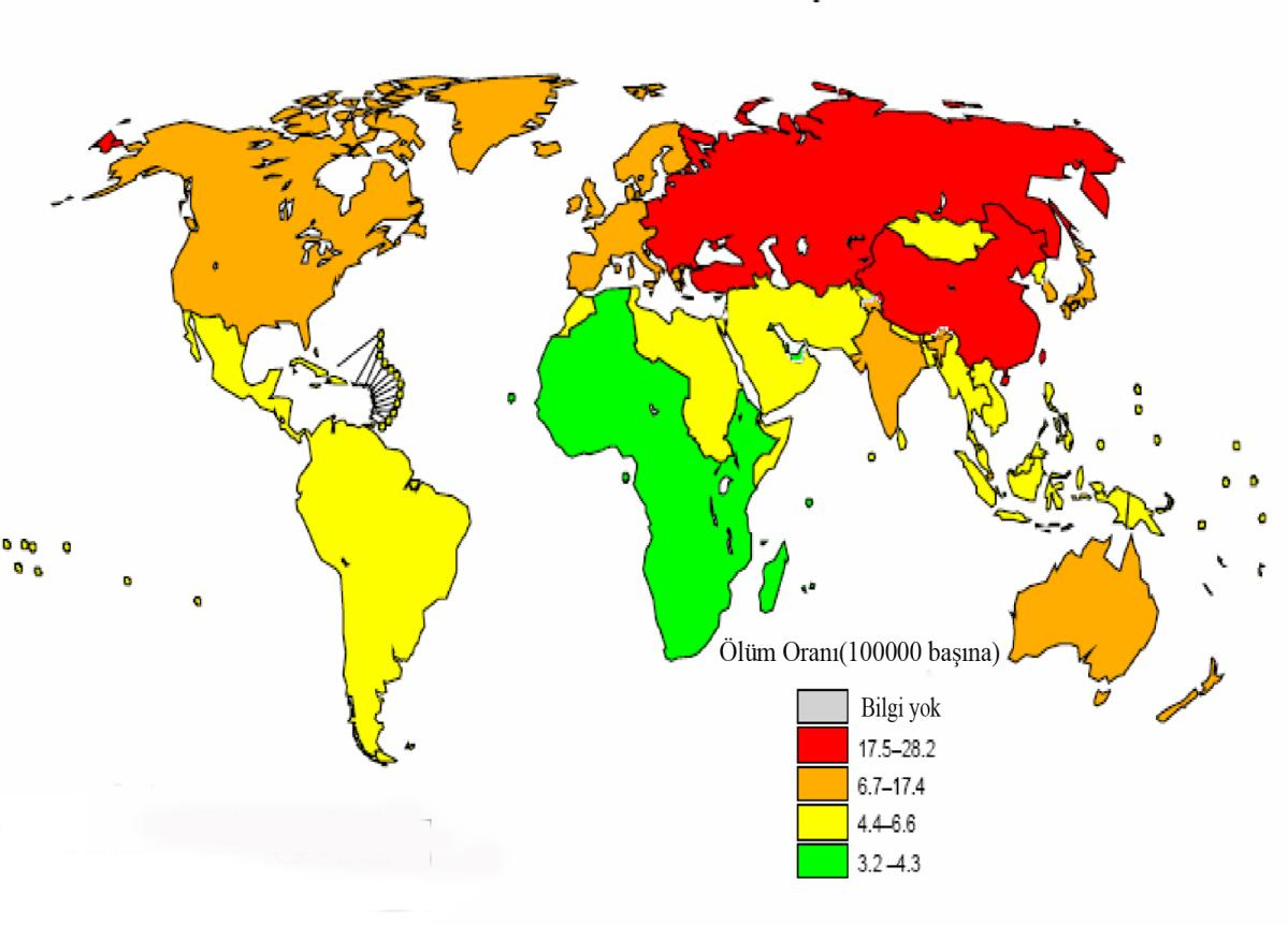 4 Şekil 3. Küresel Ölçekte Ġntihara Bağlı Ölüm Dağılımları (DSÖ, 2002).