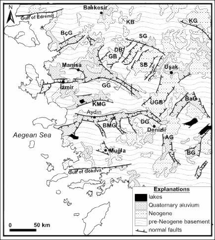 18 Şekil 3.3 Türkiye batısındaki grabenleri ve bu grabenler arası havzaları gösteren basitleştirilmiş jeoloji haritası (Çiftçi ve Bozkurt, 2009 dan alınmıştır).