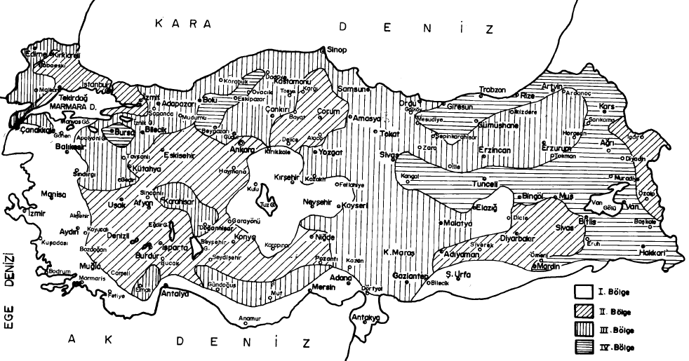3.1.3. Kar haritası ve kar bölgelerinin belirlenmesi: Türkiye dört kar bölgesine ayrılmıştır. I. bölge en az, IV bölge en çok kar yağan bölgedir.
