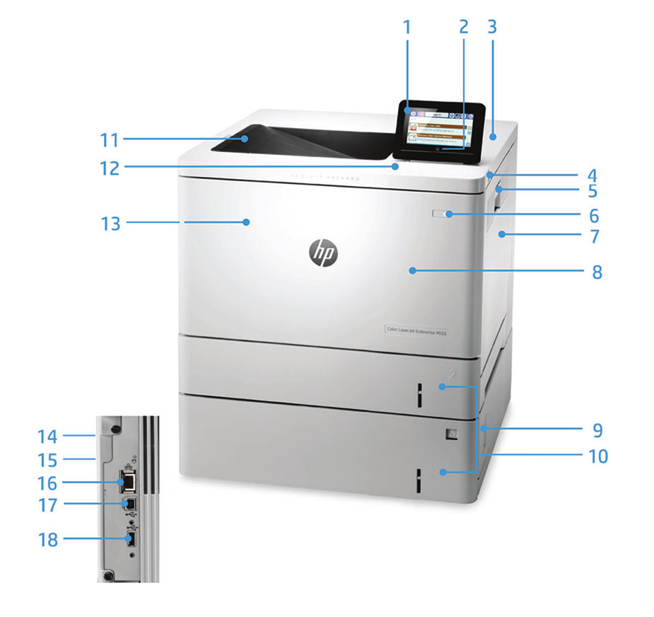 Ürün tanıtımı HP Renkli LaserJet Enterprise M553x görünümü: 1. Kullanımı kolay 10,9 cm (4,3 inç) renkli VGA kontrol paneli, daha kolay görüntüleme için yukarı eğilebilir 2.