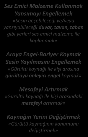 daha az gürültü gerektiren işlemle değiştirilmesi» İşleyişi Değiştirmek «Gürültü çıkartan makinelerin işleyişini yeniden düzenlemek» Ayrı Bölmeye Almak «Gürültü kaynağının ayrı bir bölmeye alınması»