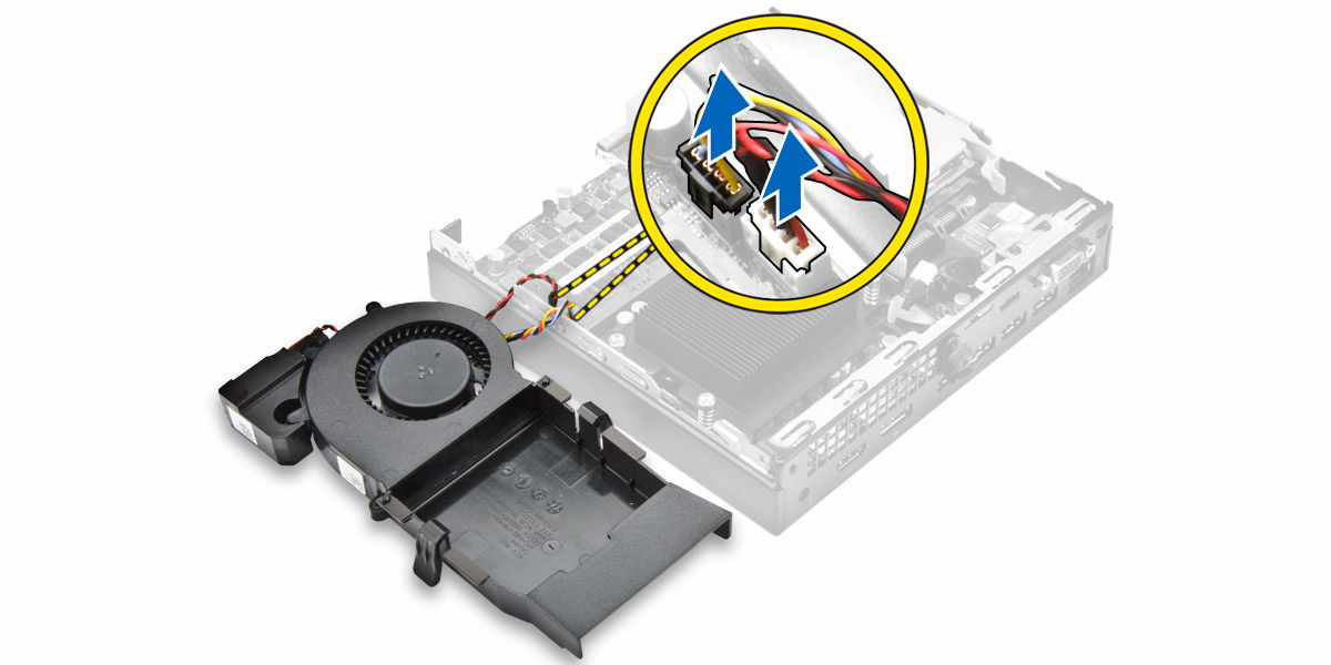 4. Hoparlör kablosunu ve sistem fanı kablosunu sistem kartı üzerindeki konnektörlerden sökün. Sistem Fanını Takma 1.