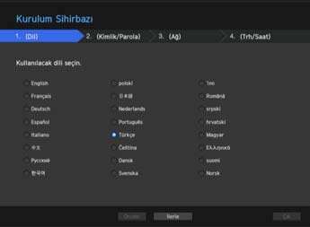 Kurulum Sihirbazı Aşağıda gösterildiği gibi <Kurulum Sihirbazı> adımlarına devam edin. 1. <Dil> ekranında dili seçin ve <İleri> düğmesine basın. 2.