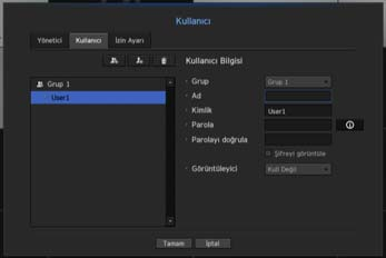 Bir kullanıcıyı kaydetmek istiyorsanız MENÜ AYARI 1. Kullanıcı ekleme açılır penceresini başlatmak için [ ] düğmesini tıklayın. Kullanıcı eklemek için <Tamam> düğmesini tıklayın. 2. Bir grup seçin.