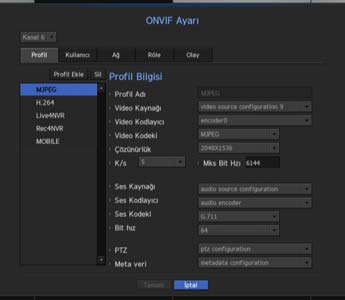 ONVIF Ayarı Kamera ekleme ekranının alt kısmında, ONVIF protokolüyle kameralar için ek ayarlar belirlemek için <ONVIF Ayarı> düğmesini tıklayın.