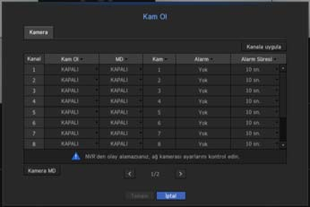 menü ayarı Kam Ol Kameranızdan gönderilen olayları (hareket algılama, video analizi olayları, ses olayları), alarm görüntüleme yöntemlerini ve alarm zamanını belirleyebilirsiniz.