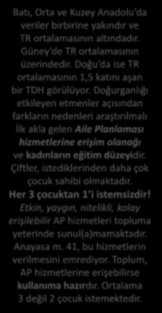 Batı, Orta ve Kuzey Anadolu da veriler birbirine yakındır ve TR ortalamasının altındadır. Güney de TR ortalamasının üzerindedir.