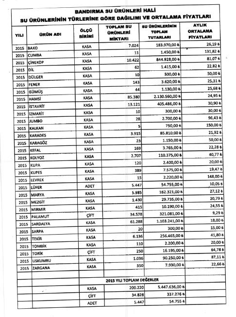 v SU ÜRÜNLERİ BANDIRMA VE ÇEVRESİ 2016 yılı Bandırma Su Ürünleri Hali verilerine göre