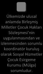 Ülkemizde ulusal anlamda Birleşmiş Milletler Çocuk Hakları Sözleşmesi nin uygulanmasından ve izlenmesinden sorumlu koordinatör kuruluş olarak Sosyal Hizmetler Çocuk Esirgeme Kurumu (Mülga) sorumludur.