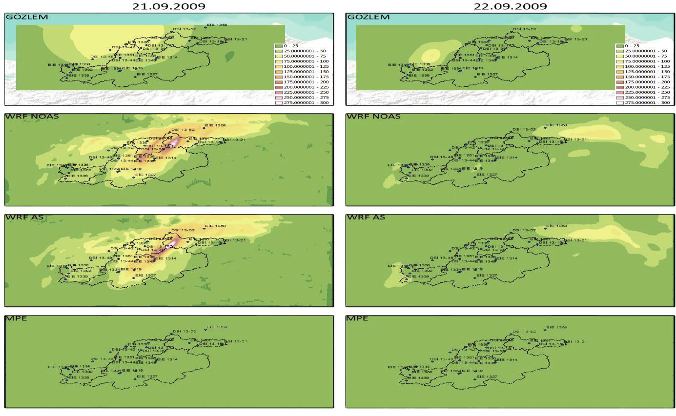 Bir taşkın tahmin sisteminin değerlendirilmesi:nümerik hava tahmin modeli, veri asimilasyonu ve uydu yağışlarının kullanılması Şekil 17. 17. Olay pik günler alansal yağış dağılımları. 8.