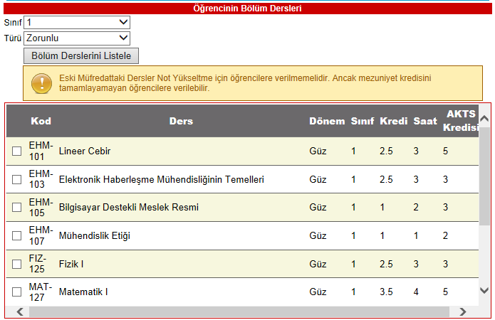 Almanız gerekirken listelerde görünmeyen alt yarıyıldan ya da bu dönemden almanız gereken herhangi bir