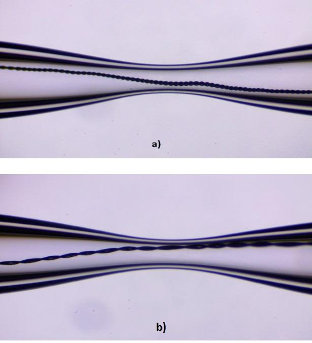 49 Resim 4.4. İkili platin nanoelektrotların inceltme işleminden sonraki mikroskop görüntüleri. a), b) Lazer uygulama parametreleri Heat; 450, Filament; 4, Velocity; 15, Delay; 120.