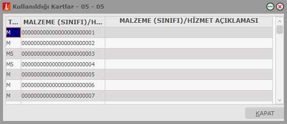 Kullanıldığı Kartlar Birim setlerinin kullanıldığı malzeme kartlarının görüntülendiği seçenektir. Kullanıldığı kartlar penceresinde her birim setinde yer alan birimler ve kullanım yerleri listelenir.