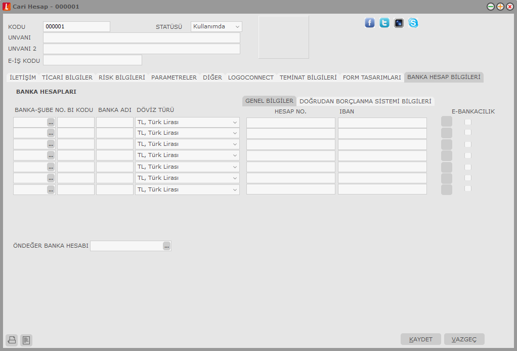 Cari Hesap Banka Hesap Bilgileri Cari hesaba ait banka hesap bilgileri, tanım penceresinde Banka Hesap Bilgileri seçeneği ile kaydedilir.