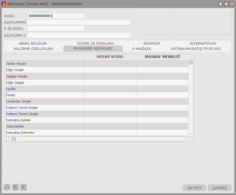 Malzeme Muhasebe Hesapları Malzeme kartına ait iģlemlerin muhasebeleģtirme yapıldığında izleneceği muhasebe hesap kodlarının verildiği seçenektir.