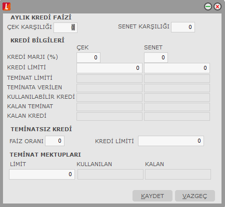 Kredi Bilgileri Kayıt türü kredi veya dövizli kredi olan hesap kartlarında firmanın bankadan aldığı çek ve senet karģılığı krediler için geçerli olacak faiz oranları ile kredi marjı ve kredi limiti