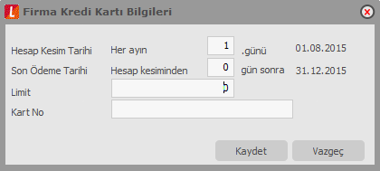 Firma Kredi Kartı Bilgileri Firmanın satınalma iģlemlerinde kullanacağı kredi kartlarına ait bilgiler, Ana Kayıtlar program bölümünde Banka menüsü altında yer alan Banka Hesapları seçeneği ile