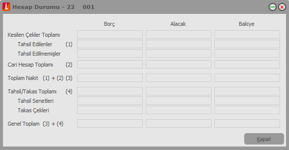 Banka Hesap Durumu Kayıt türü ticari ve dövizli ticari olan banka hesaplarına ait son durum bilgileri, banka hesap kartlarında F9- sağ fare düğmesi menüsünde yer alan Hesap Durumu seçeneği ile