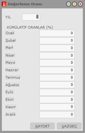 Yeniden Değerleme Oranları Sabit kıymetlere ait amortisman ve yeniden değerleme hesaplarında kullanılacak yeniden değerleme oranları Ana Kayıtlar program bölümünde / Tanımlar menüsü altında yer alan