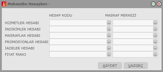 Hizmet Kartı Muhasebe Hesapları Hizmet tanımına ait iģlemlerin muhasebeleģtirilmesi sonucunda hangi hesaplar altında izleneceği alınan ve verilen hizmet kartında F9 menüsündeki Muhasebe Kodları