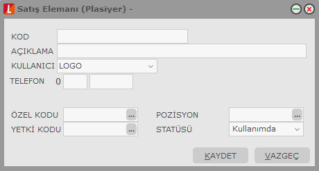 Satış Elemanı Bilgileri Satıcı bilgilerini kaydetmek için SatıĢ elemanları listesinde "Ekle" seçeneği kullanılır. Satıcı tanım penceresinden kaydedilen bilgiler Ģunlardır: Kod: SatıĢ elemanı kodudur.