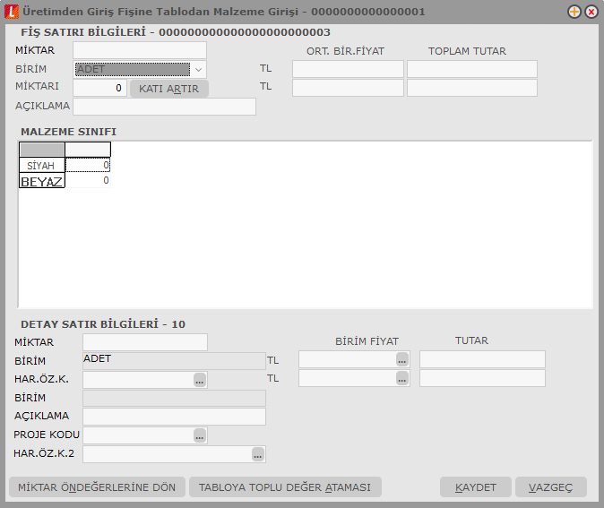 FiĢ ve fatura satırlarında F9 menüde yer alan Tablodan Malzeme GiriĢi penceresi iki ana bölümden oluģur. Bunlar FiĢ Satırı Bilgileri ve Detay Satır Bilgileri bölümleridir.