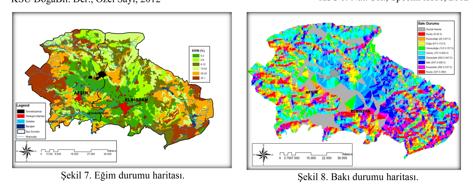 Ulusal Akdeniz Çevre ve Orman Sempozyumu, 6-8 Ekim 0, Kahramanmaraş 67 KSÜ DoğaBil. Der., Özel Sayı, 0 KSU J. Nat. Sci., Special Issue, 0 Şekil 7. Eğim durumu haritası. Şekil 8. Bakı durumu haritası.