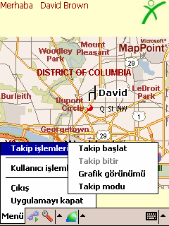 Mobil kullanıcı yazılımı Kişinin konumu harita üzerinde gösterilmektedir Microsoft Mappoint servisleri kullanılmıştır GPS