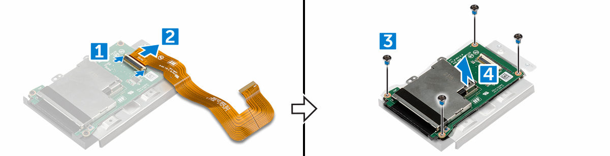 Akıllı kart modülü Akıllı kart panelini çıkarma 1. Bilgisayarınızın içinde çalışmadan önce bölümündeki prosedüre uyun. 2. Şunları çıkarın: a. pil b. sabit sürücü c. optik sürücü d. alt kapak e.