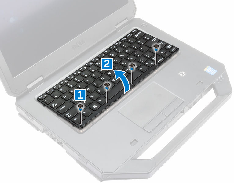 b. Kenarları çıkarın ve klavyeyi ekran [2] üzerinden döndürün. 4. Klavyeyi çıkarmak için: a. Klavye kapısını sabitleyen vidaları sökün [1]. b.