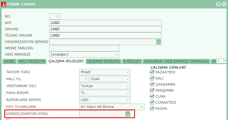 Firma Konsolidasyon Kodu Bilgileri konsolide olarak raporlanacak firmalar için seçilen kodlardır. Firma Konsolidasyon Kodu na, Firma ÇalıĢma Bilgileri alanından ulaģılır.