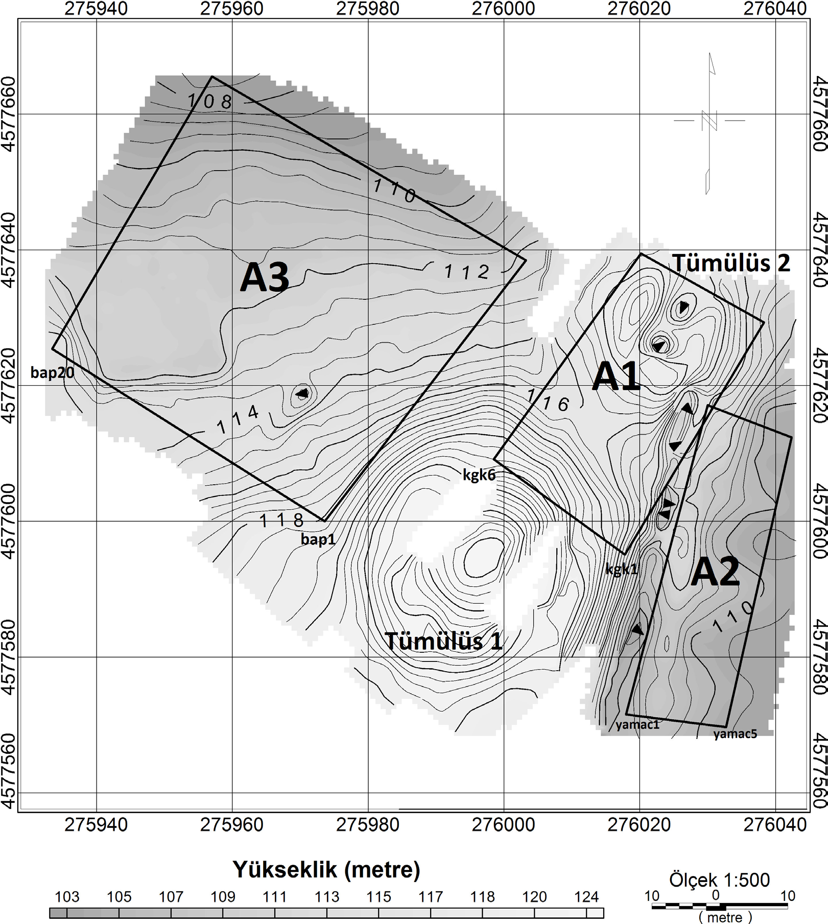 208 Yerbilimleri Şekil 2. Çalışma alanının topoğrafik haritası ve A1, A2, A3 alanlarının konumu. Figure 2. Topographical map of the study area and locations of the A1, A2, A3 sites.