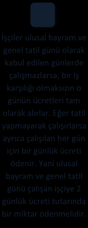 Bu kanuna göre genel tatiller ise,23 Nisan günü Ulusal Egemenlik ve Çocuk Bayramı, 19 Mayıs günü Atatürk'ü Anma ve Gençlik ve Spor Bayramı günü, 30 Ağustos günü Zafer Bayramı, Ramazan Bayramı (Arefe