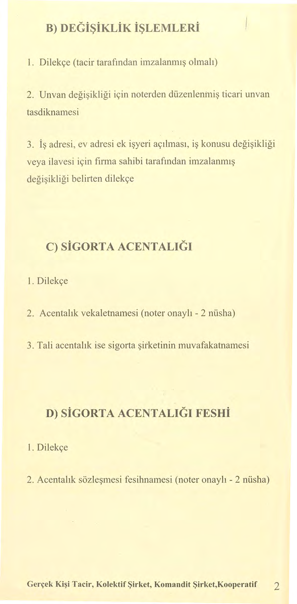 B) DEGiŞiKLİK İŞLEMLERİ 1. Dilekçe (tae ir tarafından im z alanmış olmalı) 2. Unvan değişikliği için noterden dü z enleniııiş ticari unvan tasdiknamesi 3.