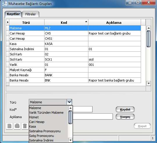 Muhasebe Bağlantı Grubu Bilgileri Ekle seçeneği ile açılan pencereden kaydedeceğiniz bilgiler şunlardır: Türü Kodu Açıklama Muhasebe bağlantı grubu türünü belirtir.