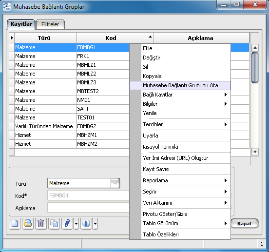 Malzeme, Hizmet ve Varlıklara Muhasebe Bağlantı Grubu Atama Muhasebe bağlantı grupları üzerinden malzeme, hizmet ve varlıklar için toplu olarak muhasebe bağlantı grubu atanabilir.