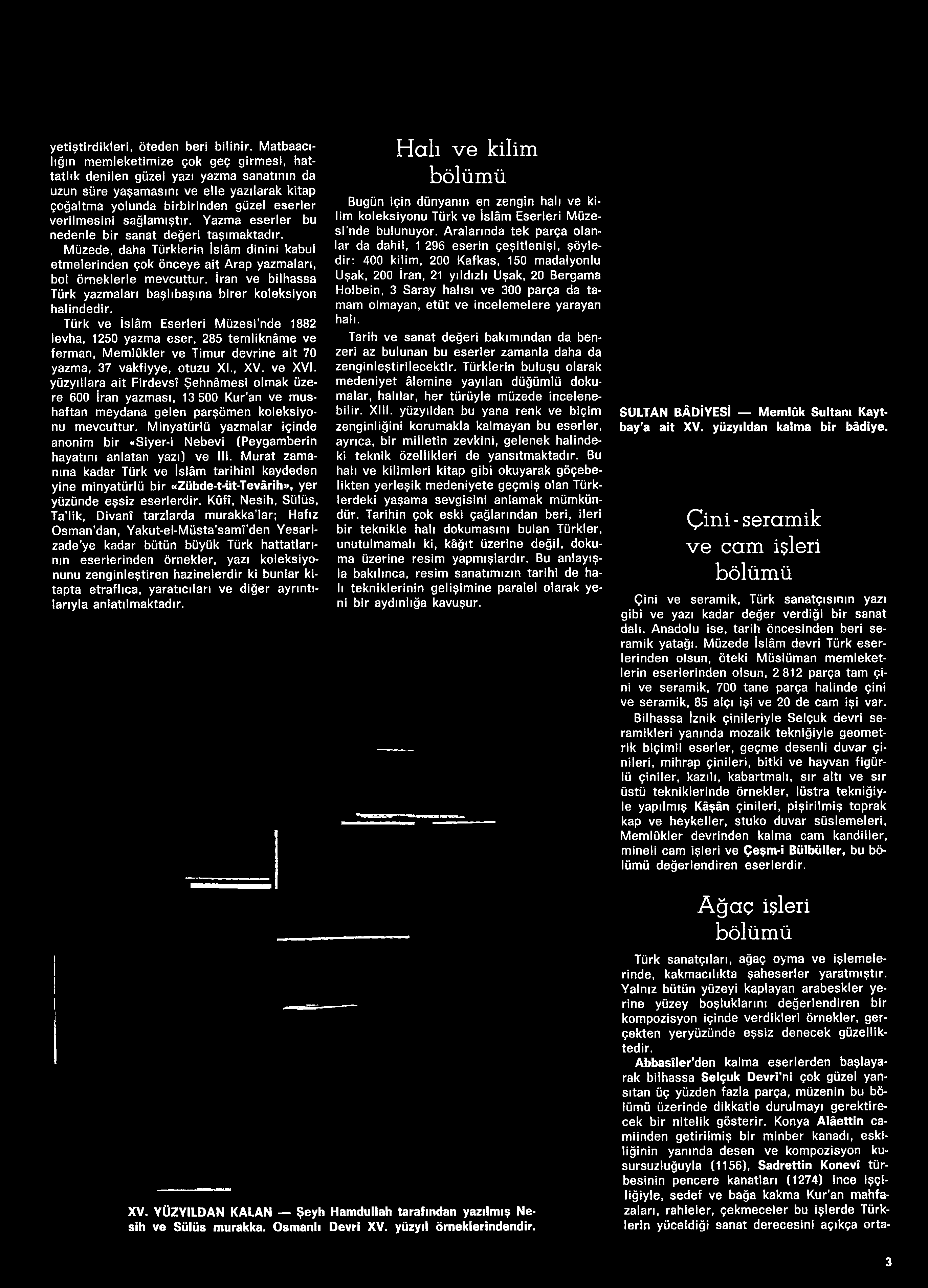 Türk ve İslâm Eserleri Müzesi nde 1882 levha, 1250 yazma eser, 285 temliknâme ve ferman, Memlûkler ve Timur devrine ait 70 yazma, 37 vakfiyye, otuzu XI., XV. ve XVI.