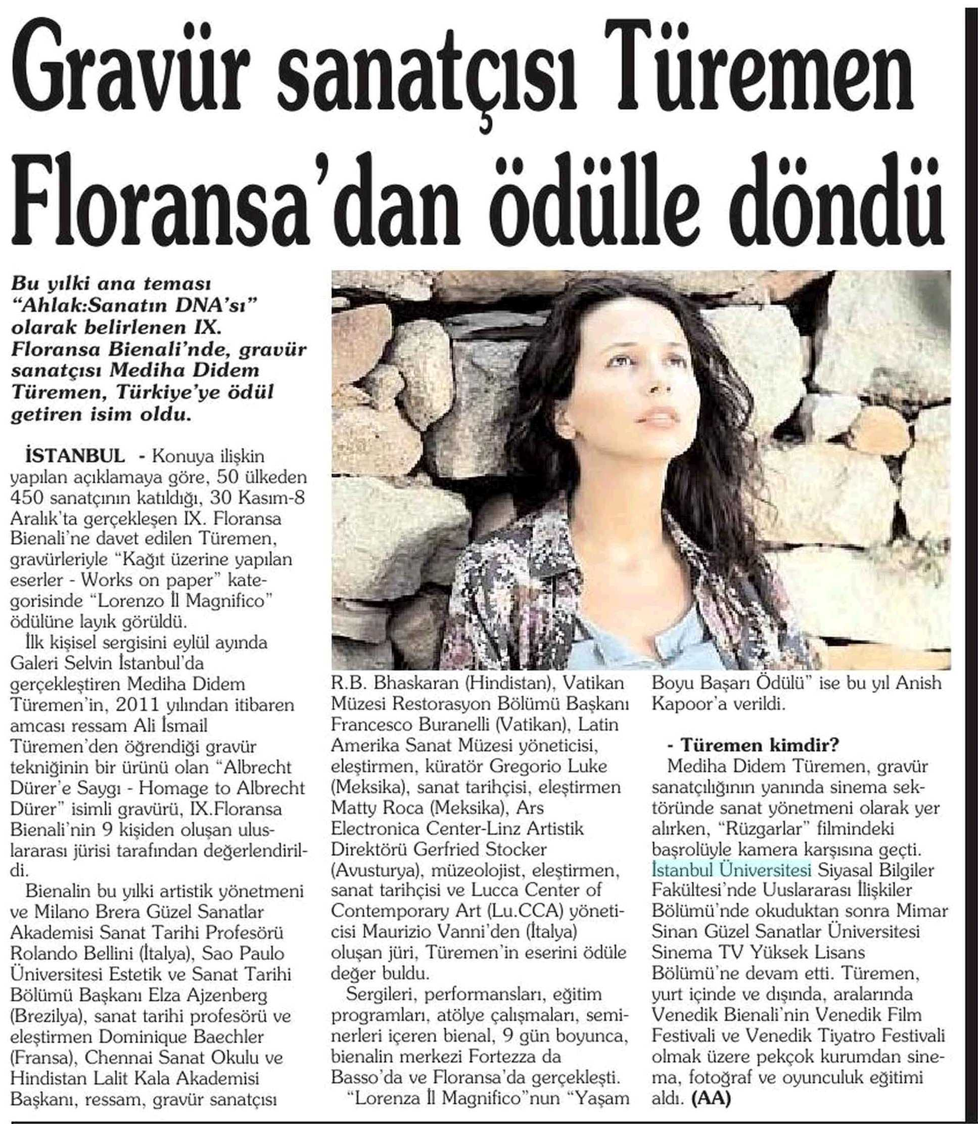 GRAVÜR SANATÇISI TÜREMEN FLORANSA'DAN ÖDÜLLE DÖNDÜ Yayın Adı : Ankara Yarın