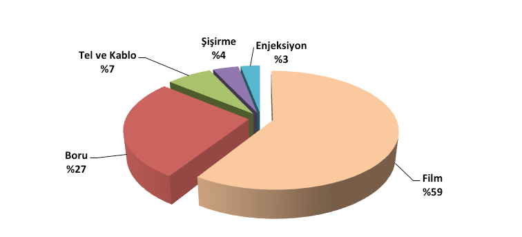 İÇ PAZAR TÜKETİMİ VE TÜKETİMİN PROSES TİPLERİNE DAĞILIMI Türkiye de proses tiplerine göre toplam AYPE tüketiminin % 59 unu film, % 27 sini