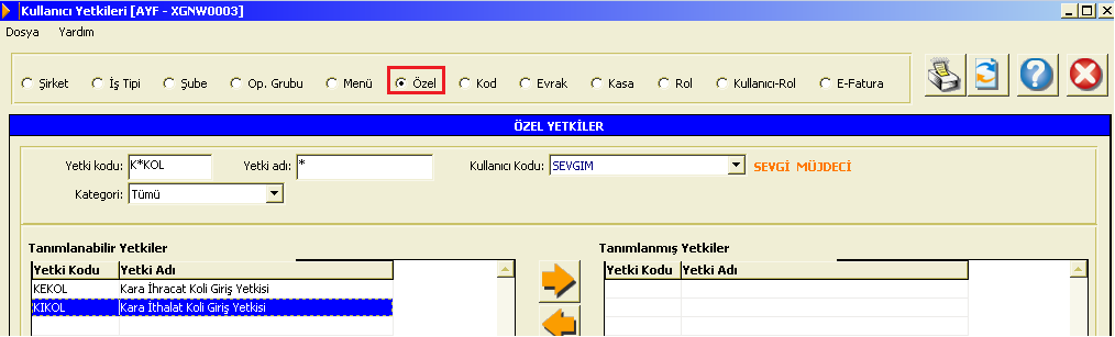 Özel Yekiler kod bilgisi "KEKOL", adı " Kara İhracat Koli Giriş Yetkisi", ve kod bilgisi KIKOL, adı Kara İthalat Koli Giriş Yetkisi Yetki