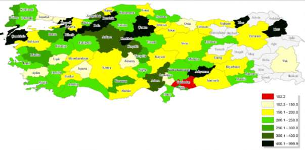 Reidin Türkiye Konut Fiyat Endeksleri yayınında Ekim 2016 sayısı sonuçlarına göre; Şekil 1 Türkiye İllere Göre Konut Satın Alma Gücü Endeksi Dağılımı Kaynak: Reidin Türkiye Konut Fiyat Endeksleri