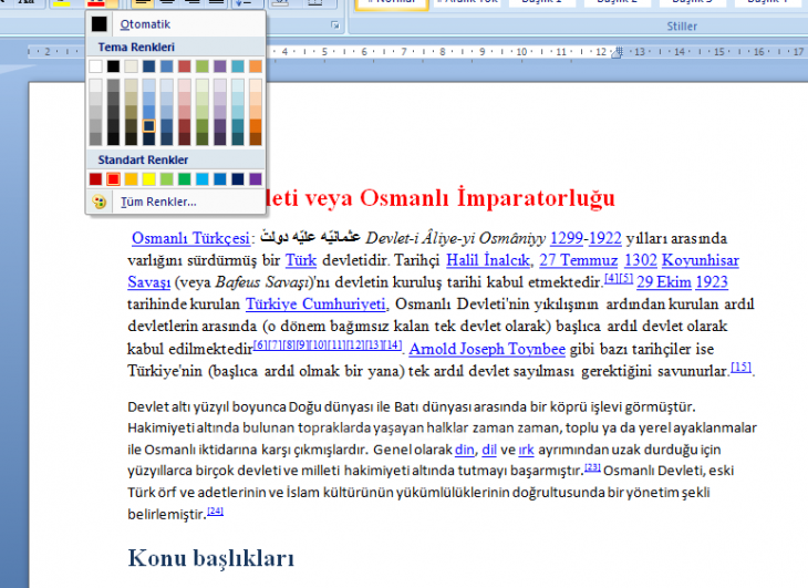 Otomatik olarak altında bulunan yazınında