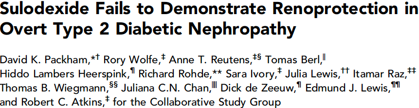 Sulodeksid J Am Soc Nephrol 23: 123 130, 2012 Çift-kör, randomize plasebo kontrollü Tip 2 DM (n=1248), RAS blokeri + Aşikar proteinürisi