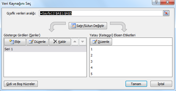 Veri Seç Veri Seç düğmesinin kullanımı ile Veri Kaynağını Seç penceresi görüntülenir. Bu pencerede grafikte kullanılacak veri aralığı ve eksen etiketleri belirlenir (Resim 27).