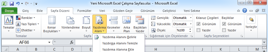 Bu ayarlamalara ek olarak Sayafa Düzeni sekmesinde bulunan Yazdırma Alanı düğmesiyle açılan seçeneklerle de yazdırma için ayarlama yapılabilir (Resim 32).